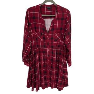 Torrid Red Plaid Shirt Dress Sz 3 3X Womens Pockets Roll Tab Sleeves Flannel